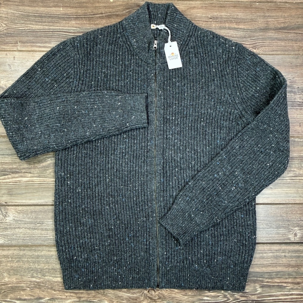 Marine Layer Mens Large Inverness Sweater Jacket Charcoal Grey Fleck Zip NEW